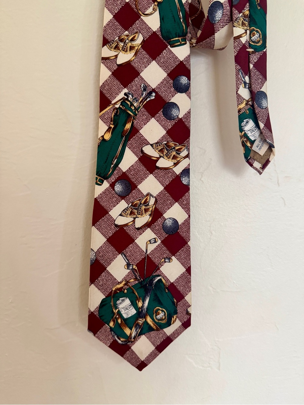 Ruff Hewn Burgundy, Cream & Green Plaid Tie with Golf Motifs